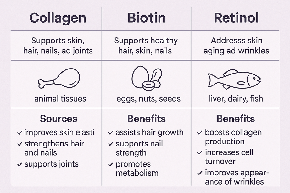 simple chart of collagen and biotin and retinol comparison